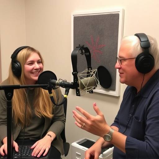 Due persone che registrano un podcast con microfoni e cuffie in uno studio di registrazione.